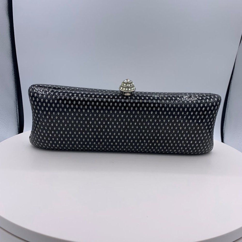 Clutch purse, hard or clamshell, black with sparkling silver, EUC, elegant